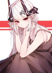 Rule 34 | 1girl, arknights, bare arms, bare shoulders, black dress, casual, closed mouth, dress, earrings, hair ornament, hands up, highres, horns, jewelry, leria v, long hair, looking at viewer, mudrock (arknights), pointy ears, red eyes, sidelocks, sleeveless, sleeveless dress, slit pupils, solo, white background, white hair