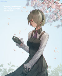 Rule 34 | 1girl, absurdres, artist name, black dress, black gloves, braid, breasts, character name, cherry blossoms, closed mouth, collared shirt, commentary request, cowboy shot, danganronpa (series), danganronpa v3: killing harmony, dated, day, dress, ewa (seraphhuiyu), gloves, green eyes, hair over one eye, hand up, happy birthday, highres, large breasts, long sleeves, looking at viewer, maid headdress, necktie, outdoors, petals, pinafore dress, shirt, short hair, sleeveless dress, solo, striped, tojo kirumi, white shirt