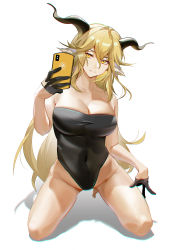 Rule 34 | 1girl, absurdres, animal ears, arknights, black gloves, blonde hair, breasts, cellphone, cleavage, degenbrecher (arknights), gloves, groin, hair between eyes, half gloves, hand up, highres, holding, holding phone, horns, kneeling, large breasts, long hair, phone, shadow, shenhaijiaolonglaohuadeng, simple background, solo, split mouth, strapless, strapless one-piece swimsuit, swimsuit, taking picture, very long hair, white background, yellow eyes