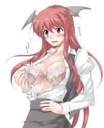 Rule 34 | 1girl, blush, bra, breasts, dress shirt, elf (stroll in the woods), embarrassed, female focus, head wings, highres, hmx99 elf, koakuma, large breasts, lingerie, long hair, no wings, open clothes, open mouth, open shirt, pink bra, red hair, shirt, simple background, solo, tears, touhou, translated, underwear, upper body, uu~, vest, white background, wings