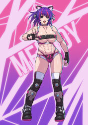 1girl abs absurdres alternate_muscle_size black_choker black_footwear black_gloves blue_eyes boots breasts character_name choker cirenk cleavage commentary commission english_commentary fingerless_gloves gloves gradient_background heart heart-shaped_pupils highres melody_(projektmelody) multicolored_hair muscular muscular_female navel ponytail purple_hair solo streaked_hair symbol-shaped_pupils underboob underwear_writing virtual_youtuber vshojo