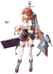 Rule 34 | 1girl, adapted turret, aircraft, airplane, arm behind head, armor, biplane, blunt bangs, breastplate, breasts, brown hair, brown skirt, browning auto 5, cannon, curtiss soc seagull, etsunami kumita, full body, green eyes, gun, headgear, helena (kancolle), helena kai (kancolle), highres, kantai collection, long hair, long sleeves, medium breasts, neck ribbon, ribbon, rifle, rigging, shirt, simple background, skirt, solo, standing, thighhighs, transparent background, turret, weapon, white background, white shirt, white thighhighs, yellow ribbon