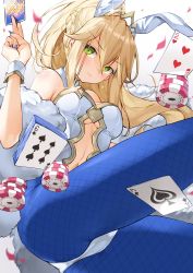 Rule 34 | 1girl, animal ears, artoria pendragon (all), artoria pendragon (fate), artoria pendragon (lancer) (fate), artoria pendragon (swimsuit ruler) (fate), bare shoulders, blonde hair, blue nails, blue pantyhose, braid, breasts, card, cleavage, dduck kong, detached collar, fake animal ears, fate/grand order, fate (series), feather boa, fishnets, green eyes, hair between eyes, highres, holding, holding card, leotard, long hair, looking at viewer, medium breasts, nail polish, necktie, pantyhose, playboy bunny, playing card, poker chip, ponytail, rabbit ears, sidelocks, solo, white leotard, wrist cuffs