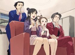Rule 34 | ace attorney, ascot, black hair, blouse, blue suit, brown hair, collared shirt, couch, crossed legs, cup, drinking, excited, formal, grey hair, hair bun, hair ornament, hair rings, hand to own mouth, holding, holding cup, indoors, maya fey, miles edgeworth, necktie, pearl fey, phoenix wright, red suit, sawa (2384), shirt, single hair bun, suit, watching television, white shirt