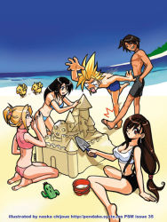Rule 34 | 2boys, 3girls, beach, chocobo, cloud strife, costa del sol, final fantasy, final fantasy vii, final fantasy viii, multiple boys, multiple girls, naska chijoue, outdoors, quistis trepe, rinoa heartilly, sabotender, sand, sand castle, sand sculpture, squall leonhart, swimsuit, tifa lockhart, tripping, water