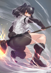 Rule 34 | 1girl, animal ear fluff, animal ears, ass, attack, bear ears, bear girl, paw stick, bear tail, bike shorts, bike shorts under shorts, black footwear, black gloves, black hair, black shorts, black skirt, boots, brown bear (kemono friends), brown gloves, elbow gloves, fighting stance, fingerless gloves, flat ass, full body, fur-trimmed boots, fur trim, gloves, glowing, highres, holding, holding weapon, kemono friends, looking away, medium hair, multicolored hair, orange eyes, pleated skirt, polearm, shirt, short hair, short sleeves, shorts, shorts under skirt, skirt, solo, squatting, t-shirt, tadano magu, tail, two-tone hair, weapon, white hair, white shirt