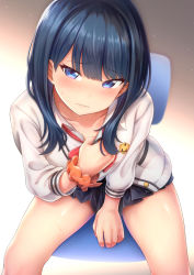 Rule 34 | &lt;o&gt; &lt;o&gt;, 1girl, black hair, black skirt, blue eyes, blush, bow, bowtie, cardigan, closed mouth, commentary request, contllenge, embarrassed, from above, gridman universe, highres, long hair, long sleeves, looking at viewer, microskirt, orange scrunchie, pleated skirt, red bow, red bowtie, school uniform, scrunchie, shirt, simple background, sitting, skirt, solo, ssss.gridman, sweat, takarada rikka, thighs, wavy mouth, white background, white cardigan, white shirt, wrist scrunchie