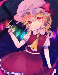 Rule 34 | 1girl, blonde hair, bow, closed mouth, collar, collared dress, crystal, dress, flandre scarlet, frilled collar, frilled dress, frills, gem, glowing, glowing crystal, hat, hat bow, holding, looking at viewer, medium hair, mob cap, multicolored eyes, multicolored wings, nail polish, necktie, pink hat, red bow, red dress, red eyes, red nails, short sleeves, smile, solo, standing, touhou, tsukikusa, wings, yellow eyes, yellow necktie