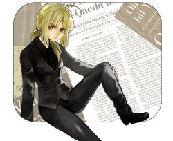 Rule 34 | 1girl, ahoge, artoria pendragon (all), artoria pendragon (fate), blonde hair, english text, fate/zero, fate (series), formal, green eyes, long hair, looking at viewer, pant suit, pants, ponytail, saber (fate), serious, shiratake, sitting, solo, suit