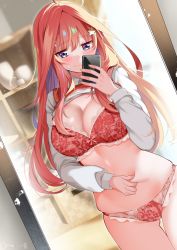 Rule 34 | 1girl, ahoge, blue eyes, blush, bow, bow panties, bra, breasts, cabinet, cellphone, cleavage, clothes lift, cup, embarrassed, gluteal fold, go-toubun no hanayome, hair ornament, highres, holding, holding phone, indoors, iphone, lace, lace-trimmed bra, lace-trimmed panties, lace trim, large breasts, mirror, nakano itsuki, panties, phone, pinching, piyopoyo, red bra, red hair, red panties, red sweater, red sweater vest, reflection, shirt, shirt lift, signature, smartphone, solo, standing, sweater, sweater vest, underwear, weight conscious, white shirt