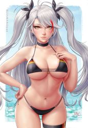 Rule 34 | 1girl, anchor, antenna hair, armpits, artist name, azur lane, bare arms, bare shoulders, bikini, black choker, black ribbon, blue sky, blurry, blurry background, blush, border, breasts, bright pupils, choker, cleavage, closed mouth, collarbone, commentary, cowboy shot, cross, cross earrings, dated, earrings, english commentary, flag print, german flag bikini, grey hair, groin, hair ribbon, hand on own hip, hand on own chest, hand up, highres, jewelry, large breasts, lips, long hair, looking at viewer, mole, mole on breast, multicolored hair, navel, nose, ocean, orange eyes, outside border, photoshop (medium), pink lips, prinz eugen (azur lane), prinz eugen (unfading smile) (azur lane), red hair, revision, ribbon, sciamano240, side-tie bikini bottom, signature, skin tight, sky, smile, solo, stomach, straight hair, streaked hair, string bikini, swept bangs, swimsuit, thigh strap, thighs, two side up, underboob, very long hair, water, white border