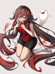 Rule 34 | 1girl, absurdres, black shorts, blush, brown hair, chinese clothes, covering own mouth, fang, flower, full body, genshin impact, ghost, ghost tail, hair between eyes, hair flower, hair ornament, highres, hu tao (genshin impact), jewelry, long hair, looking at viewer, nail polish, red eyes, red nails, red shirt, ring, shirt, shorts, sidelocks, sitting, sleeveless, sleeveless shirt, smile, socks, star-shaped pupils, star (symbol), symbol-shaped pupils, thighs, togekk0, twintails, very long hair, wariza, white background