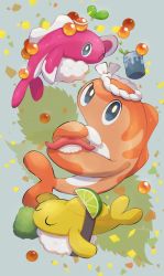 Rule 34 | absurdres, closed eyes, confetti, creatures (company), cup, fish (food), food, game freak, hachimaki, headband, highres, ikura (food), nintendo, no humans, nullma, one eye closed, pokemon, pokemon (creature), sushi, tatsugiri, tatsugiri (curly), tatsugiri (droopy), tatsugiri (stretchy), uneven eyes, yunomi