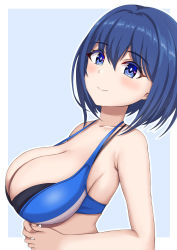 Rule 34 | 1girl, absurdres, armpit crease, bare arms, bare shoulders, bikini, black bikini, blue background, blue bikini, blue eyes, blue hair, blush, bob cut, border, breasts, cleavage, closed mouth, collarbone, commentary request, comotaro, dolphin wave, from side, hair between eyes, halterneck, hands up, highres, interlocked fingers, large breasts, layered bikini, looking at viewer, looking to the side, outline, outside border, own hands together, short hair, simple background, smile, solo, swimsuit, tojou michiru, upper body, white border, white outline