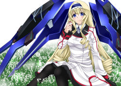 Rule 34 | 10s, 1girl, ao (time-leap), black pantyhose, blonde hair, blue eyes, breasts, cecilia alcott, curly hair, drill hair, female focus, hairband, highres, infinite stratos, long hair, nature, pantyhose, plant, school uniform, solo, white background