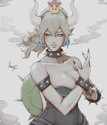 Rule 34 | 1girl, armlet, artist name, bare shoulders, black collar, black dress, black nails, blonde hair, bowsette, bracelet, breasts, breathing smoke, collar, collarbone, crown, dress, earrings, fingernails, hair between eyes, hands up, highres, horns, jewelry, kumanz, large breasts, lips, long fingernails, long hair, looking to the side, mario (series), muted color, nail polish, new super mario bros. u deluxe, nintendo, parted lips, pointy ears, sidelocks, skindentation, smoke, solo, spiked armlet, spiked bracelet, spiked collar, spiked shell, spikes, strapless, strapless dress, super crown, turtle shell, yellow eyes