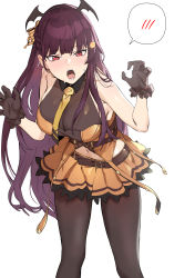 Rule 34 | 1girl, absurdres, banssee, bare shoulders, bat wings, between breasts, black gloves, black headband, black pantyhose, blunt bangs, blush, bodysuit, breasts, bullpup, claw pose, cleavage, embarrassed, frilled gloves, frilled skirt, frills, girls&#039; frontline, gloves, gun, hair ribbon, halloween, halloween costume, head wings, headband, highres, large breasts, long hair, lower teeth only, midriff, necktie, official alternate costume, open mouth, orange skirt, pantyhose, purple hair, red eyes, ribbon, rifle, simple background, skirt, sniper rifle, solo, sweat, teeth, thighs, upper teeth only, wa2000 (girls&#039; frontline), wa2000 (haunted castle) (girls&#039; frontline), walther, walther wa 2000, weapon, white background, wings