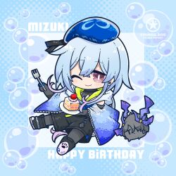 Rule 34 | 1boy, absurdres, animalization, arknights, beret, black footwear, black shirt, blue background, blue hair, blue hat, blue hoodie, border, bright pupils, bubble, cake, cake slice, character name, chibi, clothing cutout, commentary, dog-san, earrings, english text, food, fork, full body, gradient hair, happy birthday, hat, highmore (arknights), highres, holding, holding fork, holding plate, hood, hoodie, jewelry, light blue hair, looking at viewer, male focus, mizuki (arknights), multicolored hair, one eye closed, pantyhose, pantyhose under shorts, pink eyes, pink hair, plate, shirt, shorts, shoulder cutout, smile, solo, watermark, white background, white pupils