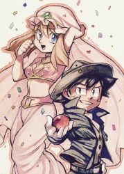 Rule 34 | 1boy, 1girl, :d, alternate costume, ash ketchum, blue eyes, brown hair, collared dress, commentary request, confetti, creatures (company), dress, game freak, hat, highres, looking at viewer, may (pokemon), midriff peek, mimatanorochi, nintendo, open mouth, poke ball, pokemon, pokemon (anime), signature, simple background, smile, stomach