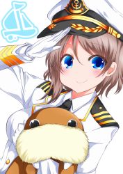 Rule 34 | 10s, 1girl, absurdres, anchor symbol, blue eyes, blush, brown hair, character doll, dutch angle, gloves, grey hair, hat, highres, long sleeves, looking at viewer, love live!, love live! school idol festival, love live! sunshine!!, military, military uniform, naval uniform, peaked cap, salute, short hair, smile, solo, uchicchii, uniform, upper body, watanabe you, white background, white gloves, zero-theme