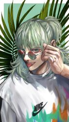 1boy adjusting_eyewear aqua_eyes aqua_hair fang hand_on_eyewear hand_up high_ponytail highres jujutsu_kaisen kashimo_hajime long_hair looking_at_viewer male_focus nike_(company) open_mouth plant red-tinted_eyewear rei_(poro06625649) round_eyewear shirt solo t-shirt tinted_eyewear tongue tongue_out white_background white_shirt