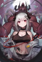 1girl arknights armband bare_shoulders black_choker breasts choker cleavage commentary_request crop_top gamcha highres horns infection_monitor_(arknights) large_breasts long_hair looking_at_viewer material_growth midriff mudrock_(arknights) mudrock_(elite_ii)_(arknights) navel off_shoulder open_clothes oripathy_lesion_(arknights) partial_commentary pointy_ears red_eyes silver_hair solo sports_bra stomach upper_body