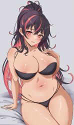 Rule 34 | 1girl, absurdres, arms up, bikini, black bikini, blush, breasts, cleavage, closed mouth, colored inner hair, commentary, crossed bangs, goddess of victory: nikke, hair between eyes, high ponytail, highres, horai sennkyo, large breasts, long hair, looking at viewer, multicolored hair, navel, pink eyes, pink hair, ponytail, quency (nikke), sidelocks, sitting, skindentation, solo, standing, swimsuit, two-tone hair
