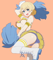 Rule 34 | 1girl, absurdres, alternate costume, areola slip, arm behind head, arm up, armband, ass, blonde hair, blue eyes, blue panties, blue ribbon, blush, boots, bouncing breasts, braid, breasts, cheerleader, coco&#039;s, commentary, cross-laced footwear, crotch seam, darjeeling (girls und panzer), dixie cup hat, double horizontal stripe, girls und panzer, hat, hat ribbon, highres, holding, holding pom poms, lace, lace-trimmed shirt, lace-up boots, lace trim, leg up, looking at viewer, looking back, medium breasts, military hat, mini hat, no bra, onsen tamago (hs egg), open mouth, orange background, panties, pom pom (cheerleading), pom poms, ribbon, shirt, short hair, skirt, smile, solo, standing, standing on one leg, strapless, sweat, thighhighs, tilted headwear, tube top, underboob, underwear, white footwear, white hat, white thighhighs, wristband, yellow shirt, yellow skirt