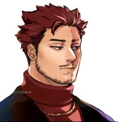 Rule 34 | 1boy, beard, blue eyes, boku no hero academia, closed mouth, commentary, endeavor (boku no hero academia), facial hair, jewelry, keva (liltkeva), male focus, necklace, portrait, red hair, scar, scar across eye, scar on face, short hair, simple background, solo, symbol-only commentary, turtleneck, twitter username, white background