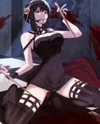 Rule 34 | 1girl, absurdres, bare shoulders, black dress, black footwear, black gloves, black hair, black thighhighs, blood, blood on face, blood on leg, blood on wall, bloody weapon, boots, breasts, checkered floor, cleavage, dagger, ddsssaaa, dress, dual wielding, fingerless gloves, floral print, flower, full body, gloves, gluteal fold, gold hairband, grin, hair flower, hair ornament, hairband, hand up, high heel boots, high heels, highres, holding, holding dagger, holding knife, holding weapon, impossible clothes, impossible dress, knife, large breasts, off-shoulder dress, off shoulder, on one knee, red eyes, rose, rose print, shoes, short dress, short hair with long locks, sidelocks, sleeveless, sleeveless dress, smile, solo, spikes, spread legs, spy x family, squatting, thighhighs, thighs, tight clothes, tight dress, two-sided dress, two-sided fabric, weapon, yor briar, zettai ryouiki