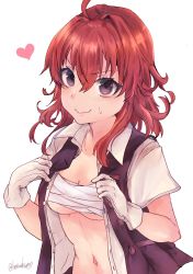 Rule 34 | 1girl, ahoge, arashi (kancolle), black eyes, black vest, blouse, breasts, cleavage, collarbone, commentary request, dress shirt, hatoneko, highres, kantai collection, looking at viewer, medium breasts, navel, one-hour drawing challenge, open clothes, red hair, sarashi, shirt, simple background, small breasts, smile, solo, upper body, vest, wavy mouth, white background, white shirt