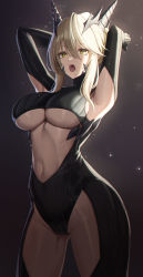 Rule 34 | armpit cutout, armpits, arms up, artoria pendragon (fate), artoria pendragon (lancer alter) (fate), black bodysuit, blonde hair, bodysuit, breasts, clothing cutout, commission, dark persona, facial mark, fall (aki), fate/grand order, fate (series), highres, horns, large breasts, looking at viewer, navel, navel cutout, open mouth, pixiv commission, ribbed bodysuit, slit pupils, thick thighs, thigh cutout, thighs, turtleneck, turtleneck bodysuit, underboob, yellow eyes