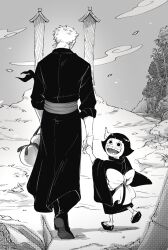 Rule 34 | 1boy, 1girl, back, bandana around arm, boots, chabo (niwatori bosori), cloud, commentary request, earrings, full body, grave, greyscale, highres, holding hands, japanese clothes, jewelry, kimono, looking up, monochrome, one piece, ribbon, roronoa zoro, sash, short hair, smile, toko (one piece), walking