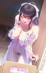 Rule 34 | 1boy, 1girl, :d, aya-chan (smoke), black hair, blue eyes, box, breasts, cleavage, cum, cum on body, cum on breasts, cum on upper body, doorway, dress, earrings, eyeliner, female pervert, female pubic hair, highres, jewelry, large breasts, long hair, makeup, mole, mole on nose, nail polish, necklace, nipples, open mouth, original, pervert, ponytail, pov, pov doorway, pubic hair, red nails, revealing clothes, see-through, shoes, smile, smoke (flyx21), teeth, tongue, unworn shoes, white dress