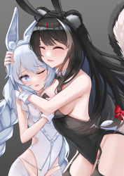Rule 34 | 2girls, absurdres, azur lane, black hair, black hairband, black leotard, blue eyes, blush, bow, bowtie, breasts, closed eyes, commentary request, commission, cowboy shot, detached collar, garter straps, grey background, hairband, highres, hug, large breasts, le malin (azur lane), le malin (listless lapin) (azur lane), leotard, long hair, looking at viewer, multicolored hair, multiple girls, naganami (azur lane), official alternate costume, one eye closed, parted lips, pixiv commission, playboy bunny, simple background, smile, sorayo noriyuki, streaked hair, white hair, white hairband, white leotard, wrist cuffs