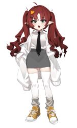Rule 34 | 1girl, absurdres, arknights, black necktie, full body, grey skirt, hair ornament, heart, heart hair ornament, highres, long hair, long sleeves, looking at viewer, myrtle (arknights), necktie, open mouth, pencil skirt, pointy ears, red hair, shirt, shoes, simple background, skirt, sleeves past fingers, sleeves past wrists, sneakers, soda (sod4), solo, standing, teeth, thighhighs, twintails, upper teeth only, very long hair, white background, white shirt, white thighhighs