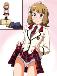 Rule 34 | 1girl, arrow (symbol), blank eyes, blazer, blue eyes, blush, box, brown hair, clothes lift, commentary request, cowboy shot, crotch seam, diagonal-striped clothes, diagonal-striped necktie, dress shirt, embarrassed, emblem, flower, frown, grey sweater, hair flower, hair ornament, idolmaster, idolmaster million live!, idolmaster million live! theater days, jacket, lielos, lifting own clothes, looking at viewer, miniskirt, necktie, o o, open mouth, p-head producer, panties, partial commentary, plaid, plaid skirt, pleated skirt, producer (idolmaster), red skirt, school uniform, shirt, short hair, sitting, skirt, skirt lift, striped clothes, suou momoko, sweatdrop, sweater, two-tone background, underwear, uniform series (idolmaster), v-neck, white jacket, white panties, white shirt, wing collar