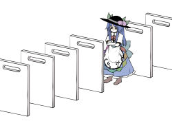 Rule 34 | 1girl, black eyes, blue hair, blue skirt, boots, bow, brown footwear, crossed arms, cutting board, flat chest, flat chest joke, fruit hat ornament, furrowed brow, hat, highres, hinanawi tenshi, long hair, peach hat ornament, peroponesosu., puffy short sleeves, puffy sleeves, pun, rainbow order, red neckwear, shaded face, short sleeves, simple background, skirt, solo, touhou, white background