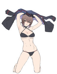 Rule 34 | 1girl, armpits, arms up, ban! (bansankan), bikini, black bikini, black choker, black gloves, black jacket, breasts, brown eyes, brown hair, choker, cleavage, criss-cross halter, garrison cap, girls und panzer, gloves, hair between eyes, halterneck, hat, holding, holding clothes, holding jacket, jacket, kneeling, kuromorimine military uniform, large breasts, looking at viewer, navel, nishizumi maho, o-ring, o-ring top, parted lips, short hair, simple background, solo, swimsuit, white background