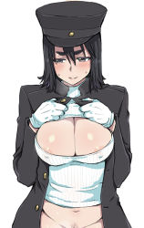 Rule 34 | 10s, 1girl, akitsu maru (kancolle), areola slip, bad id, bad pixiv id, black eyes, black hair, blush, bottomless, breasts, cleavage, cleavage cutout, clothing cutout, commentary request, eroe, female pubic hair, gloves, hair between eyes, hat, hild:1864389, kantai collection, large breasts, looking away, meme attire, military, military uniform, navel, open-chest sweater, peaked cap, pubic hair, ribbed sweater, short hair, smile, solo, standing, sweat, sweater, uniform, upper body, white gloves