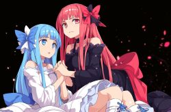 Rule 34 | 2girls, alternate costume, alternate eye color, back bow, bare shoulders, black background, black choker, black dress, blue bow, blue eyes, blue hair, bow, choker, closed mouth, commentary request, detached sleeves, dress, feet out of frame, frilled choker, frilled dress, frills, frown, hair bow, highres, holding hands, kneehighs, kneeling, kotonoha akane, kotonoha aoi, light particles, long hair, looking at another, looking at viewer, multiple girls, open mouth, own hands together, petals, pink eyes, pink hair, red bow, serious, siblings, sidelocks, sisters, sitting, sleeveless, sleeveless dress, socks, spaghetti strap, toromera, voiceroid, white choker