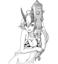Rule 34 | 1girl, animal print, arm under breasts, bikini, bikini top only, bottomless, club (weapon), collarbone, fate/grand order, fate (series), greyscale, grin, hair between eyes, highres, holding, holding weapon, horns, kanabou, long hair, looking at viewer, monochrome, navel, oni horns, ponytail, signature, simple background, smile, solo, swimsuit, tiger print, tomoe gozen (fate), varliet, weapon, white background
