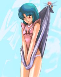 Rule 34 | 1980s (style), 2girls, assisted exposure, blue hair, blush, cham fau, ciela lapana, clothes lift, covering privates, dress, dress lift, embarrassed, fairy, lowres, mini person, minigirl, multiple girls, oldschool, panties, pink eyes, pink hair, retro artstyle, seisenshi dunbine, shiela labarna, sleeveless, underwear, wings