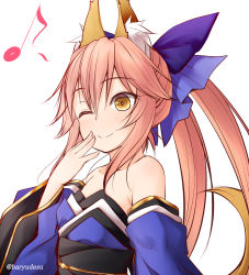 Rule 34 | 1girl, ;), aged down, animal ear fluff, animal ears, bare shoulders, blue bow, blue kimono, blue sleeves, blush, bow, brown eyes, closed mouth, collarbone, commentary request, detached sleeves, eighth note, fate/extra, fate (series), fox ears, fox girl, fox tail, hair between eyes, hair bow, hand up, haryuu (poetto), highres, japanese clothes, kimono, long hair, long sleeves, musical note, obi, one eye closed, pink hair, sash, simple background, smile, solo, strapless, tail, tail raised, tamamo (fate), tamamo no mae (fate/extra), twintails, twitter username, upper body, very long hair, white background, wide sleeves