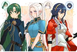 Rule 34 | 3girls, alternate costume, alternate hairstyle, blue eyes, blue hair, blush, breasts, cape, cosplay, costume switch, crossover, earrings, edelgard von hresvelg, edelgard von hresvelg (cosplay), fire emblem, fire emblem: three houses, fire emblem awakening, fire emblem warriors: three hopes, gloves, green eyes, green hair, hair between eyes, hair ornament, high ponytail, jewelry, long hair, long sleeves, lucina (fire emblem), lucina (fire emblem) (cosplay), lyn (fire emblem), lyn (fire emblem) (cosplay), maze draws, medium breasts, multiple girls, nintendo, official alternate costume, official alternate hairstyle, ponytail, purple eyes, smile, tiara, very long hair, white hair