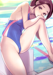 Rule 34 | 1girl, blue one-piece swimsuit, blush, breasts, brown eyes, brown hair, competition swimsuit, covered navel, dytm, hashtag-only commentary, highleg, highleg swimsuit, highres, looking at viewer, medium breasts, one-piece swimsuit, original, parted lips, pool, sitting, solo, swimsuit, water
