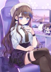 Rule 34 | 1girl, a20 (atsumaru), airi kanna, blush, bracelet, breasts, brown hair, brown necktie, brown thighhighs, chair, character doll, closed mouth, collared shirt, commentary request, computer, crossed legs, demon girl, demon tail, desk, dot nose, earrings, feet out of frame, gaming chair, hand on own chest, hand on own leg, head wings, high-waist skirt, highres, jewelry, keyboard (computer), long bangs, long hair, long sleeves, looking at viewer, medium breasts, monitor, necktie, o-ring, o-ring thigh strap, plaid, plaid skirt, pleated skirt, pom pom (clothes), pom pom earrings, purple skirt, raised eyebrows, school uniform, shirt, shirt tucked in, sidelocks, sitting, skirt, sleeves rolled up, smile, solo, stellive, straight hair, swivel chair, tail, tented shirt, thigh strap, thighhighs, thighs, virtual youtuber, white shirt, wings