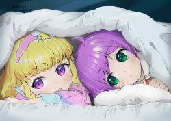 Rule 34 | 10s, 2girls, ahoge, artist name, blanket, blonde hair, blush, commentary request, dated, green eyes, hair ornament, hairband, idol time pripara, looking at another, looking at viewer, lying, manaka laala, mokyutan, multiple girls, on bed, open mouth, pillow, pretty series, pripara, purple eyes, purple hair, smile, star (symbol), star hair ornament, tareme, under covers, yumekawa yui