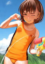 Rule 34 | 1girl, absurdres, alternate color school swimsuit, blue sky, brown eyes, brown hair, cameltoe, child, cloud, cowboy shot, day, female focus, grin, highres, jishimaru, looking at viewer, mountain, old school swimsuit, one-piece swimsuit, one eye closed, orange one-piece swimsuit, original, outdoors, school swimsuit, shadow, short hair, sky, smile, solo, standing, swimsuit, two-tone swimsuit, water gun, wet, wet clothes, wet swimsuit, wink