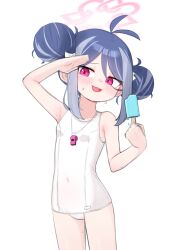 1girl absurdres ahoge blue_archive blue_hair blush commentary double_bun food fubuki_(blue_archive) fubuki_(swimsuit)_(blue_archive) hair_bun hair_ornament halo highres light_blue_hair medium_hair melting_popsicle multicolored_hair official_alternate_costume one-piece_swimsuit open_mouth popsicle purple_eyes rabbitballoon red_halo simple_background smile sweat swimsuit whistle whistle_around_neck white_background white_one-piece_swimsuit